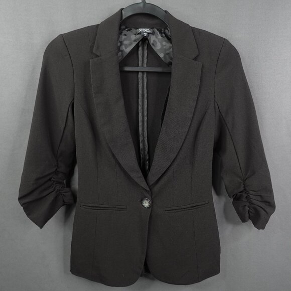 Women Blazer Jacket XS Black Retro Y2K Ruched Sleeve Minimalist Capsule Corpcore - Picture 1 of 11